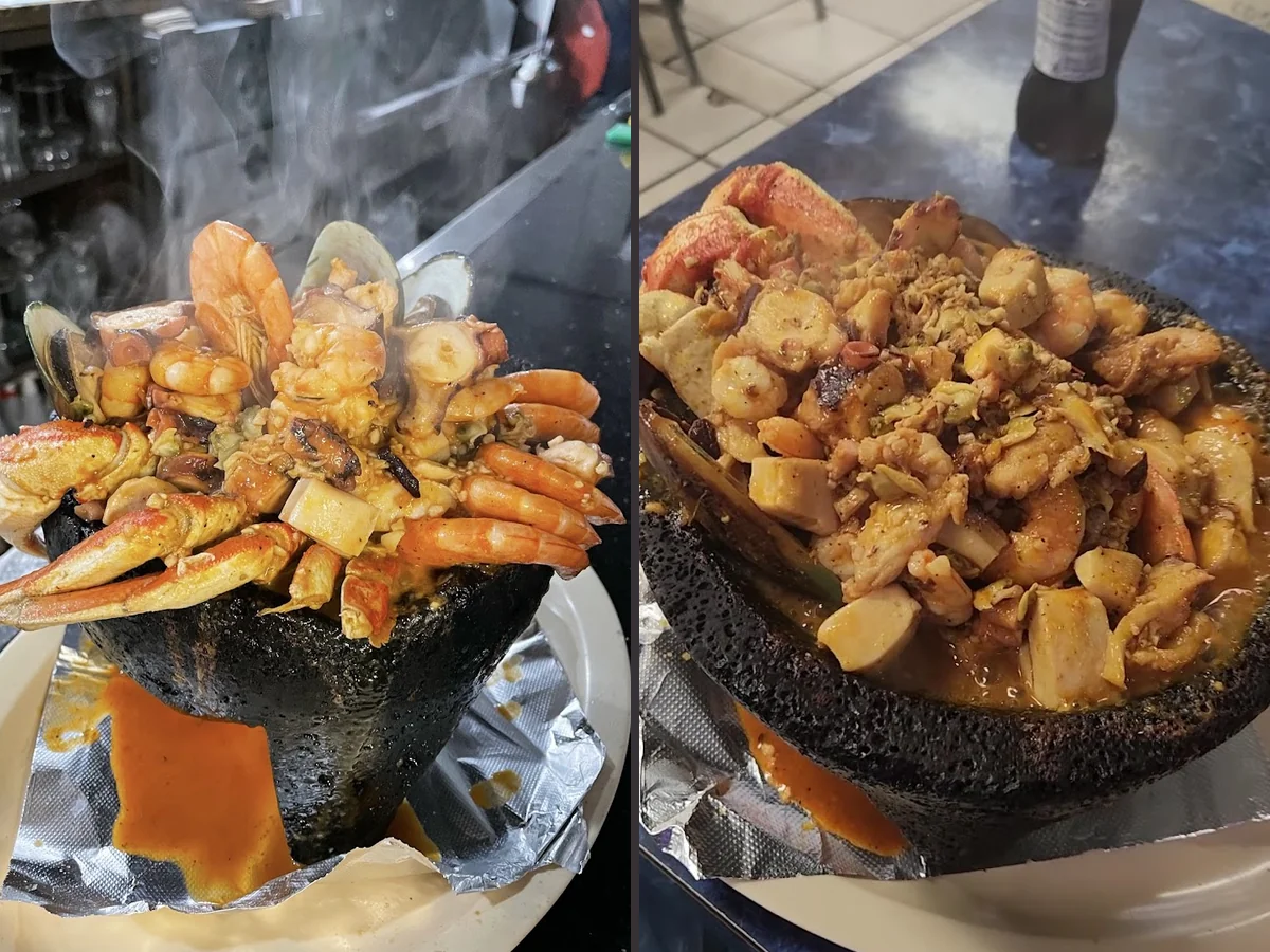Seafood plates on a casual restaurant table.