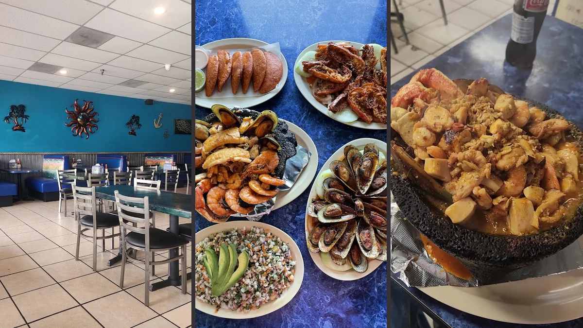 A casual strip-mall seafood restaurant interior.