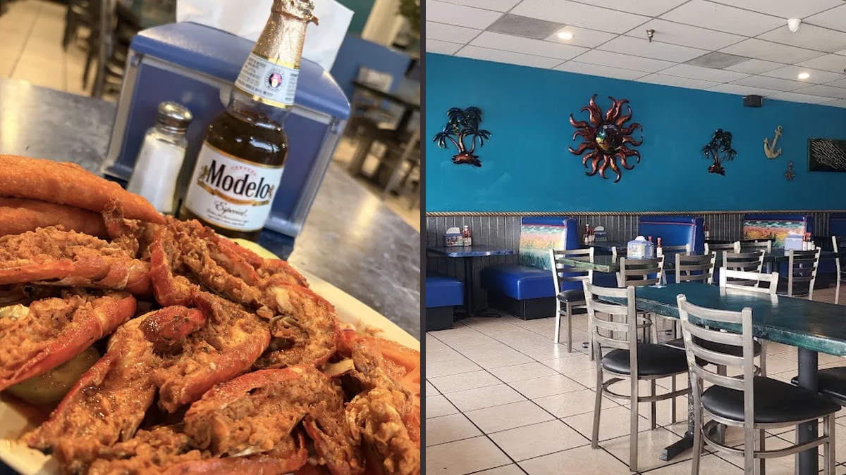 A casual strip-mall seafood restaurant interior.