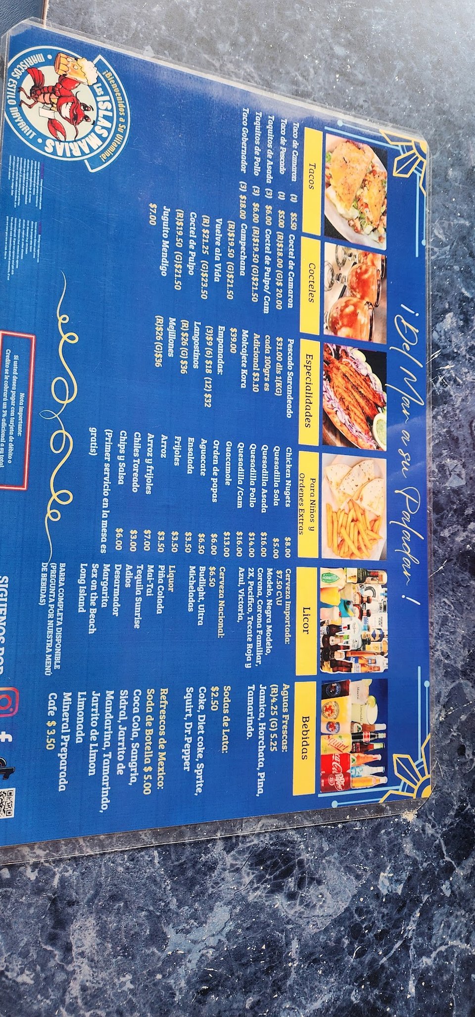 A menu layout for dine-in and takeaway orders.